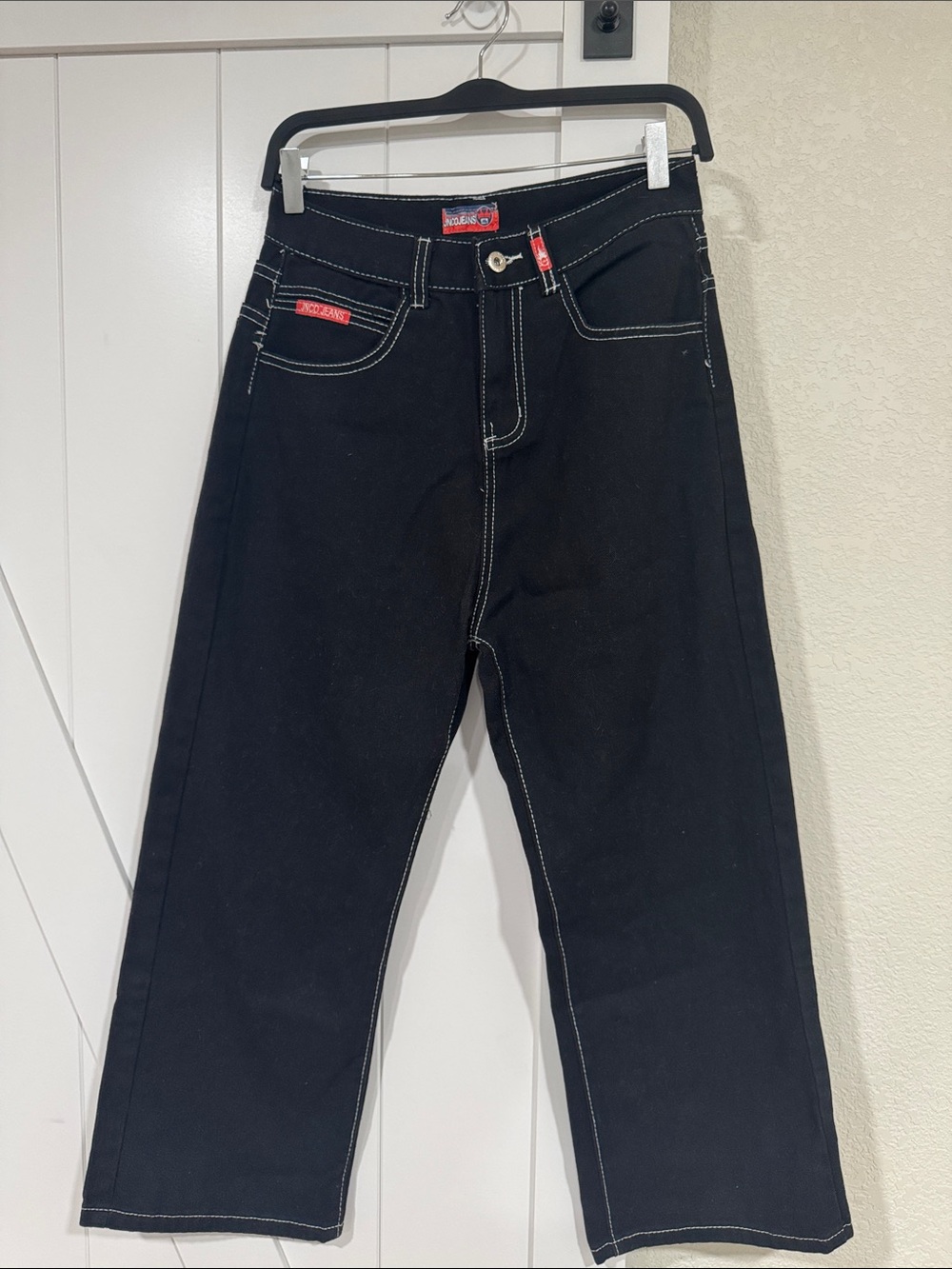 Vintage JNCO Black Wide Leg Jeans Y2K Skater Contrast Stitch Skull Embroidery